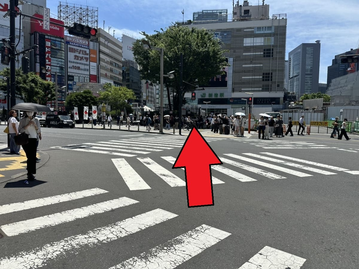 JR新宿駅東口へ信号を渡り、新宿駅を右手に見ながら直進します。