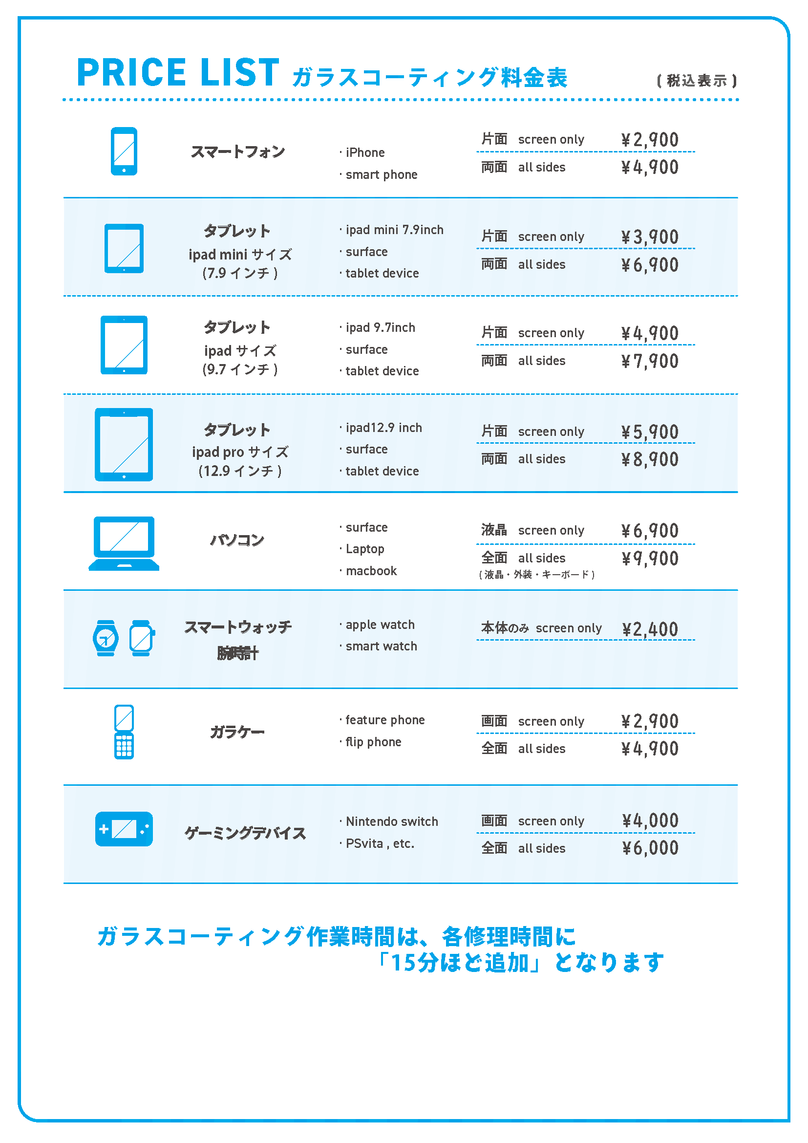 コーティング価格表