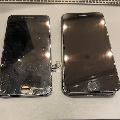 画面に大きく亀裂の入ったiPhone8の画面割れ修理
